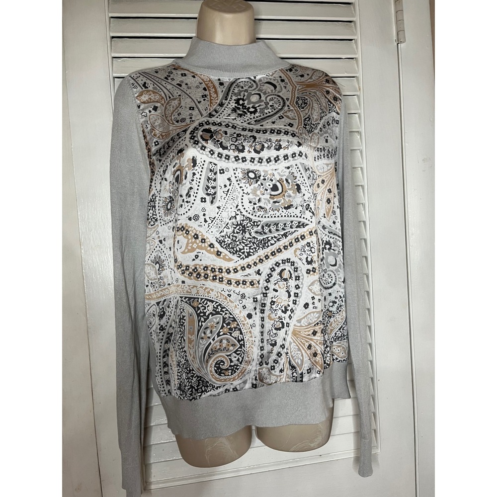 Ann Taylor Womens Grey Paisley Mixed Media Mock Neck Sweater Large L RN77379